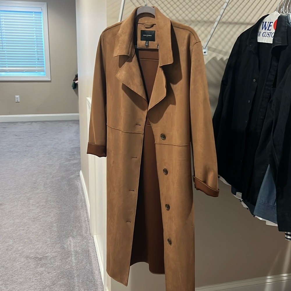 Petite long brown suede trench jacket